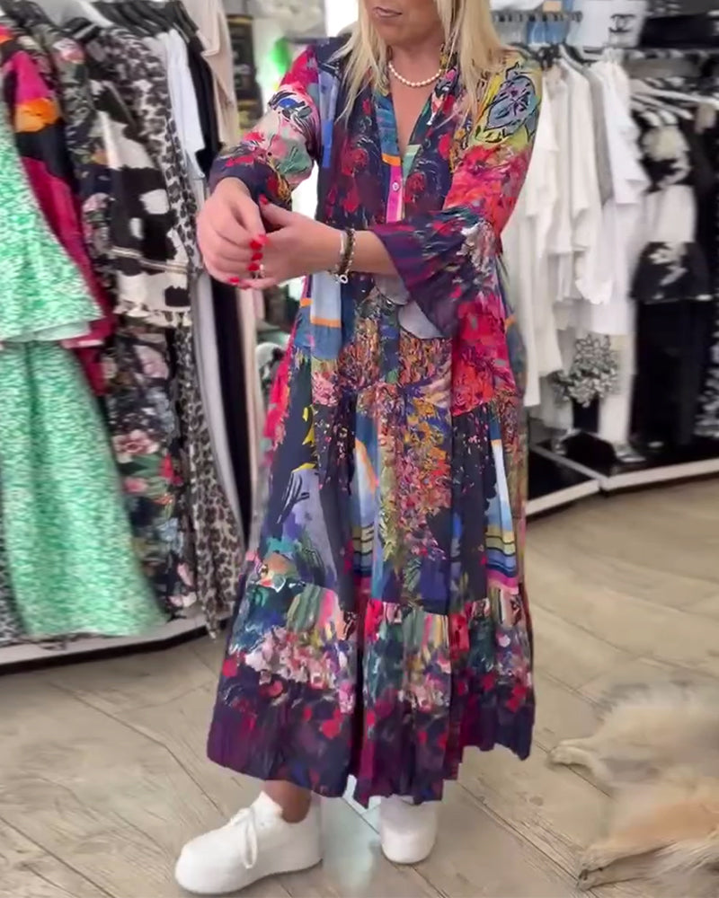 Trumpet Sleeve Loose Print Swing Dress
