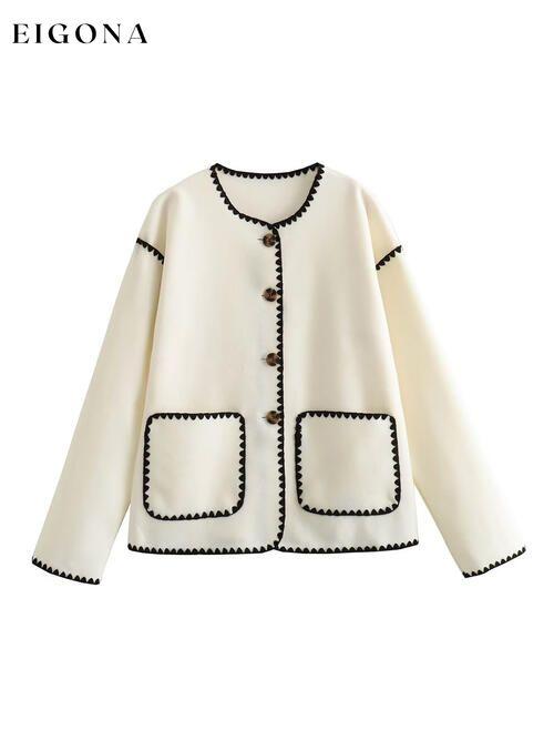 Contrast Button Up Jacket with Pockets Ivory clothes K&BZ Ship From Overseas