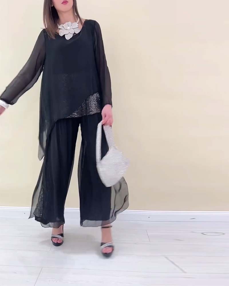 Langärmliger, einfarbiger Anzug mit Pailletten