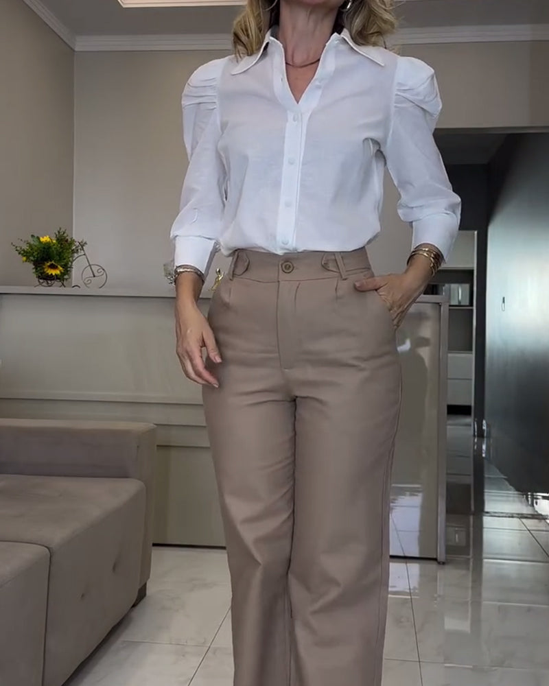 Solid Color Puff Sleeve Lapel Shirt