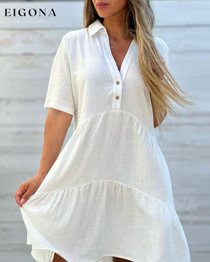 Solid color comfort lapel button dress casual dresses cotton and linen spring summer