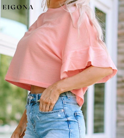 Pink Waffle Knit Ruffled Half Sleeve Blouse All In Stock clothes Color Pink crop top croptop Day Valentine's Day Fabric Waffle Knit Occasion Daily Print Solid Color Season Summer Style Southern Belle t shirts tops