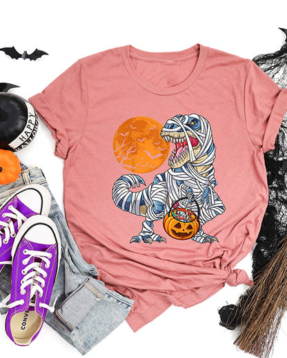 Halloween Dinosaur Pumpkin Print Casual T-Shirt halloween t-shirts