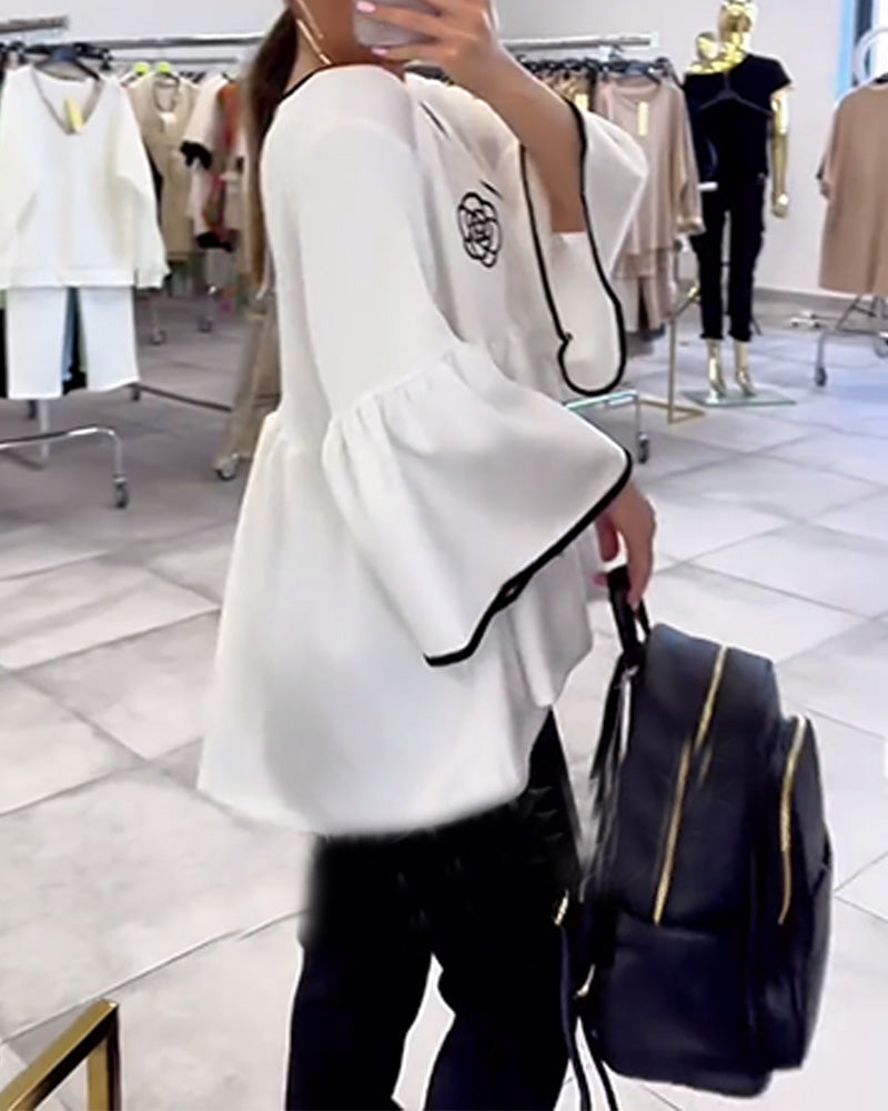 V-Neck Contrast Color Flared Sleeve Blouse