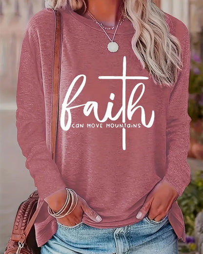 Faith-Inspired Print Womens Long Sleeve Crew Neck Top 2024 f/w blouses & shirts faith & slogan spring