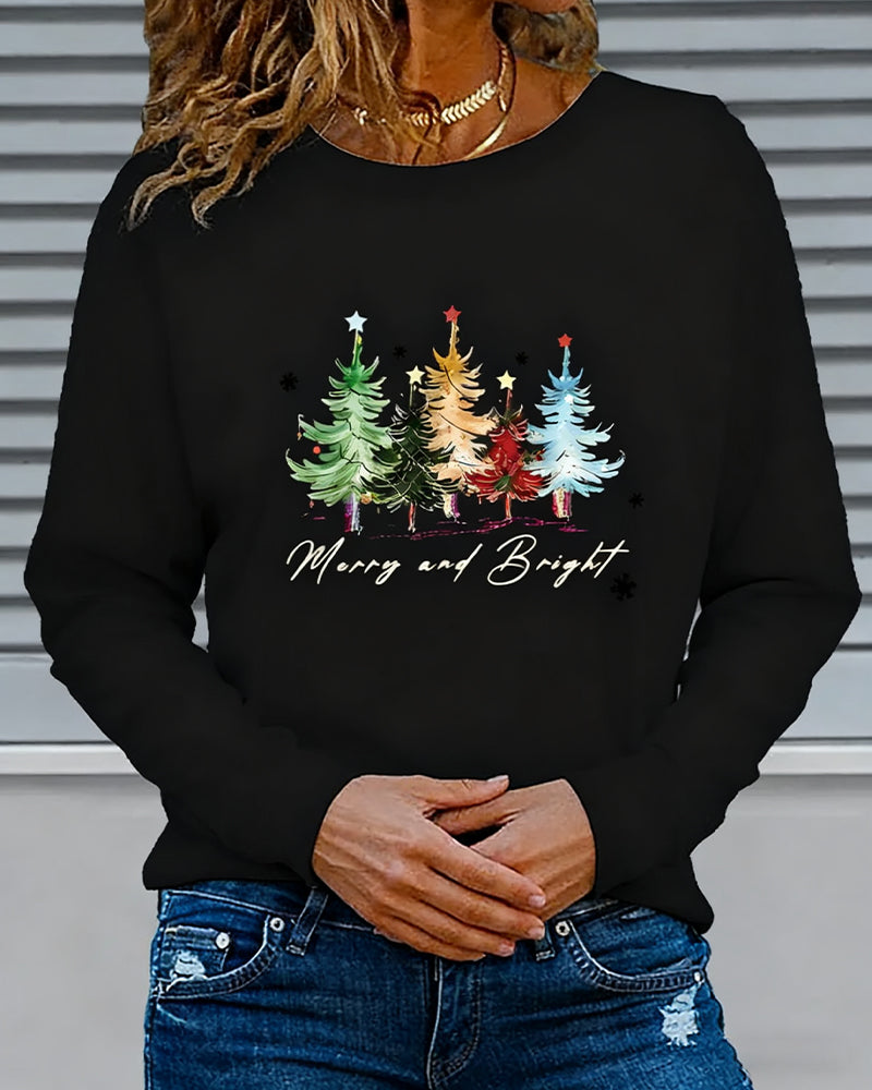 Long-Sleeved Crew Neck Christmas Tree Print Top