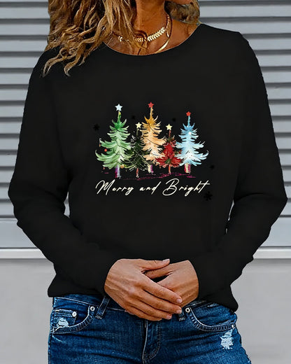 Long-Sleeved Crew Neck Christmas Tree Print Top