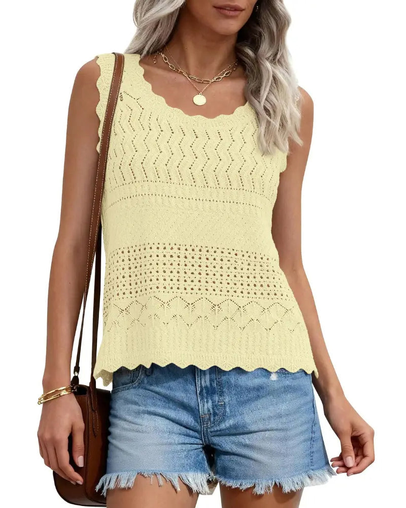 Hollow-Out Wavy Edge Sleeveless Tank Top