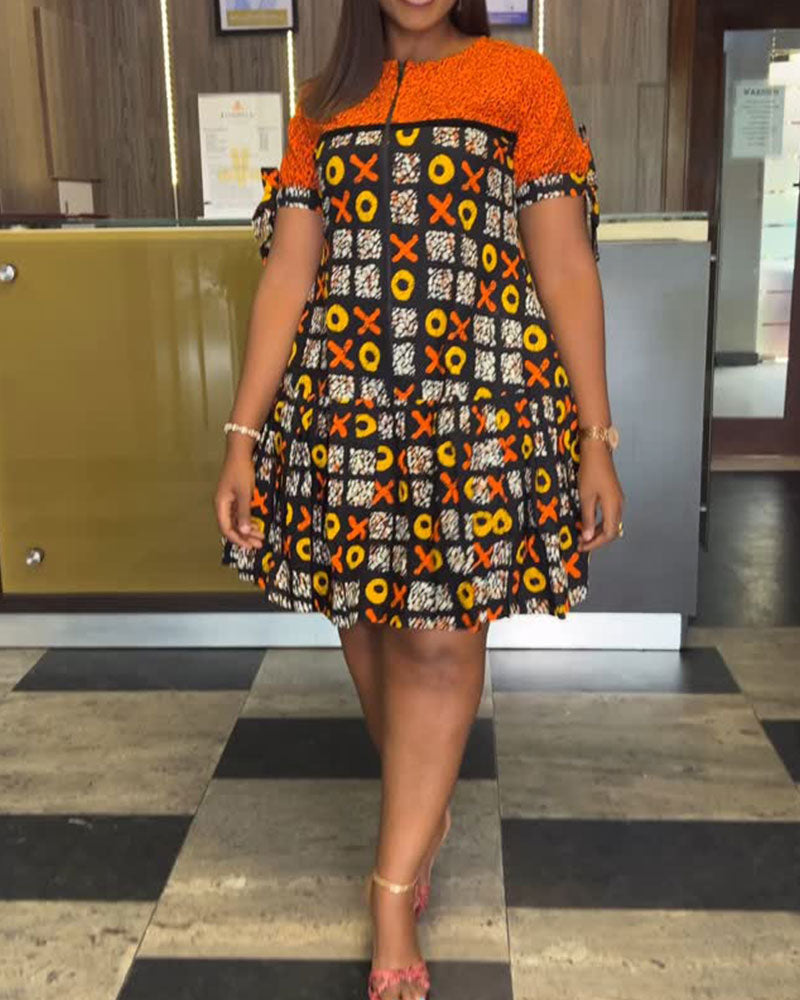 Half-Zip Vintage Contrast Print Dress