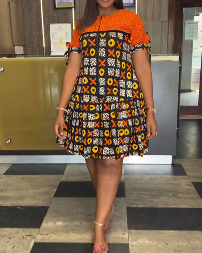 Half-Zip Vintage Contrast Print Dress