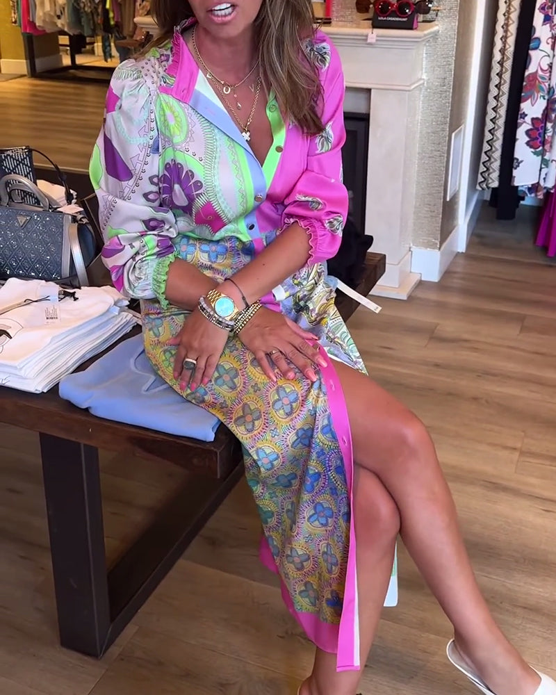 Fashionable printed lapel three-quarter sleeve slit dress 202466 casual dresses spring summer