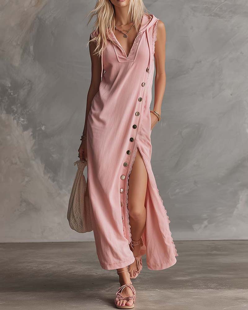 Multi-Buckle Hooded Sleeveless Dress