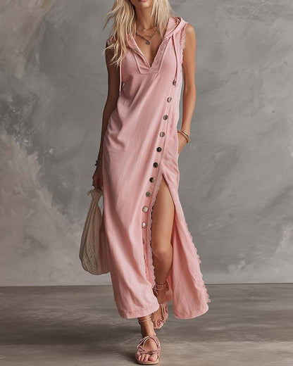 Multi-Buckle Hooded Sleeveless Dress