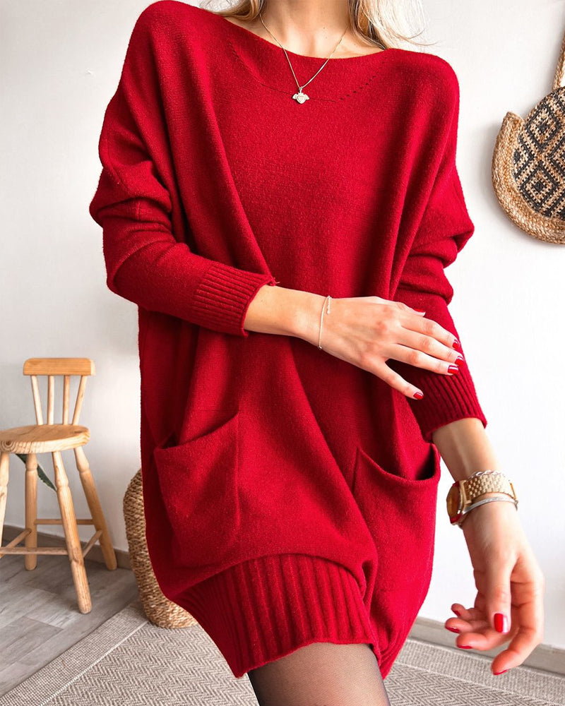 Casual solid color crew neck pocket sweater dress 2024 f/w sweater dresses