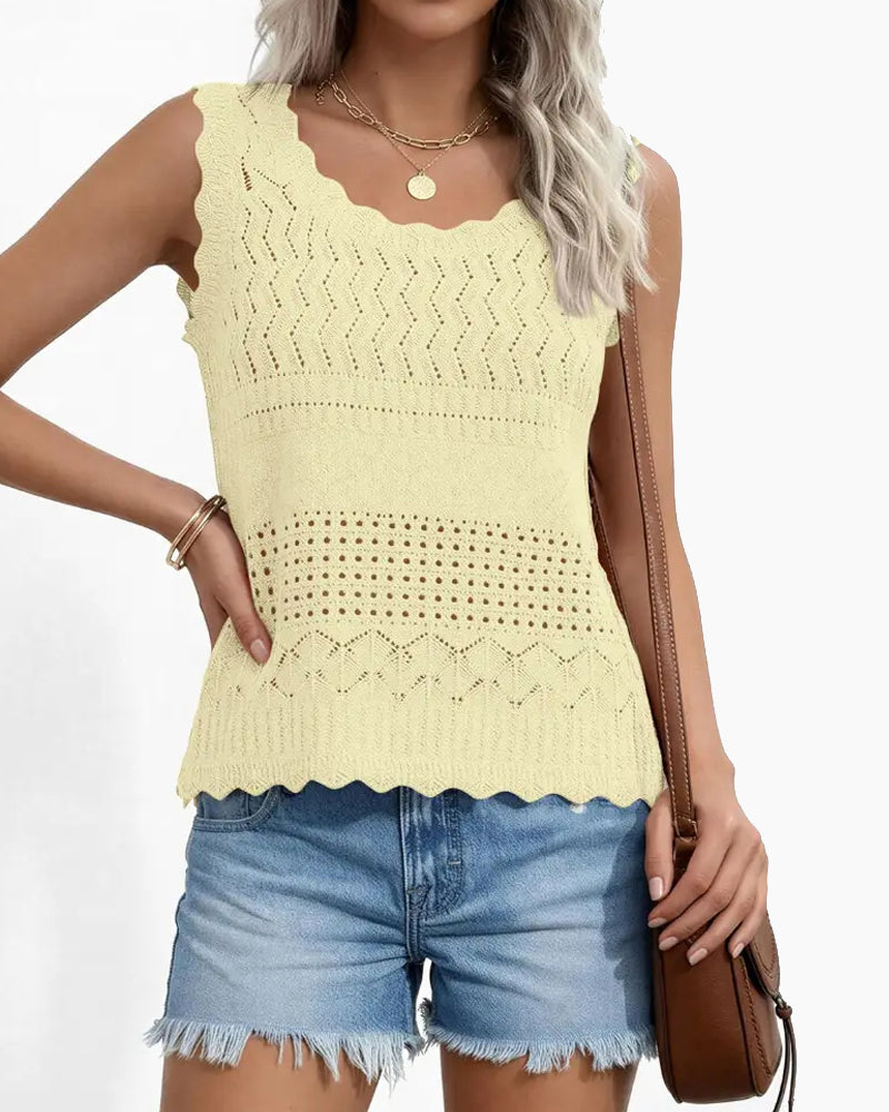 Hollow-Out Wavy Edge Sleeveless Tank Top