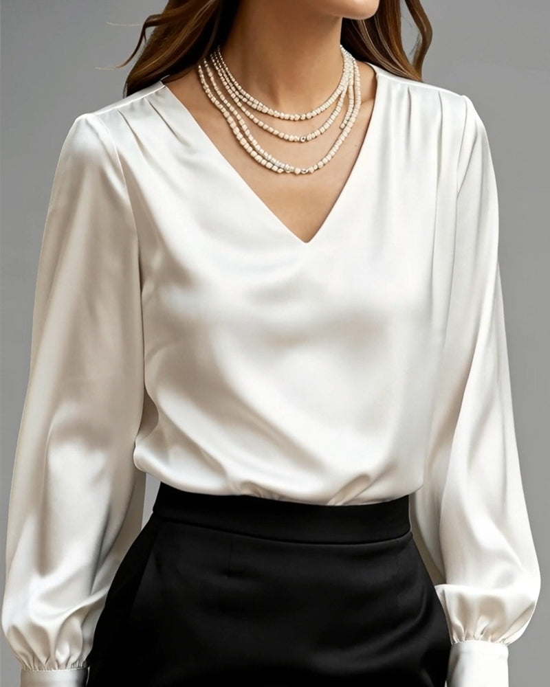 V-Neck Puff Sleeve Solid Color Blouse