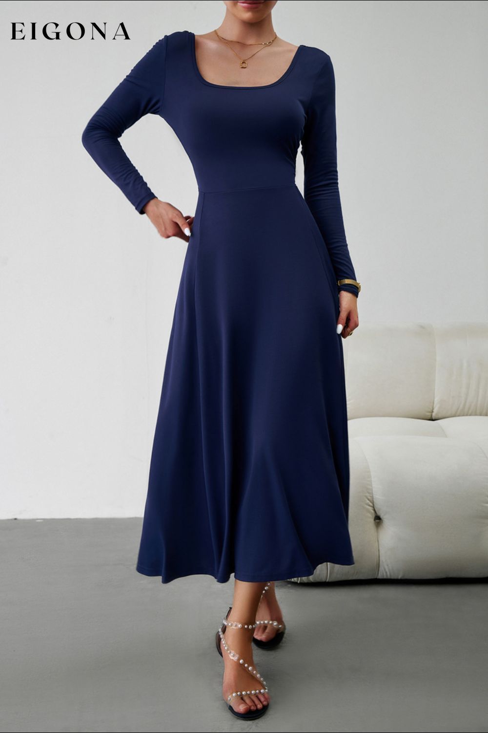 Scoop Neck Long Sleeve Lace-Up Maxi Dress Navy clothes dress dresses DY long dress maxi dress Ship From Overseas