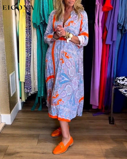 Long sleeve deep V printed maxi dress casual dresses spring summer