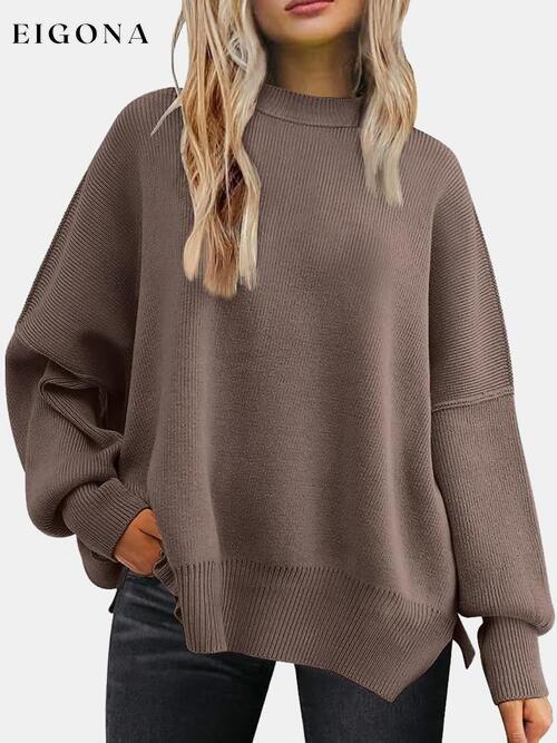 Round Neck Drop Shoulder Slit Sweater Coffee Brown clothes R.T.S.C Ship From Overseas Sweater sweaters Sweatshirt