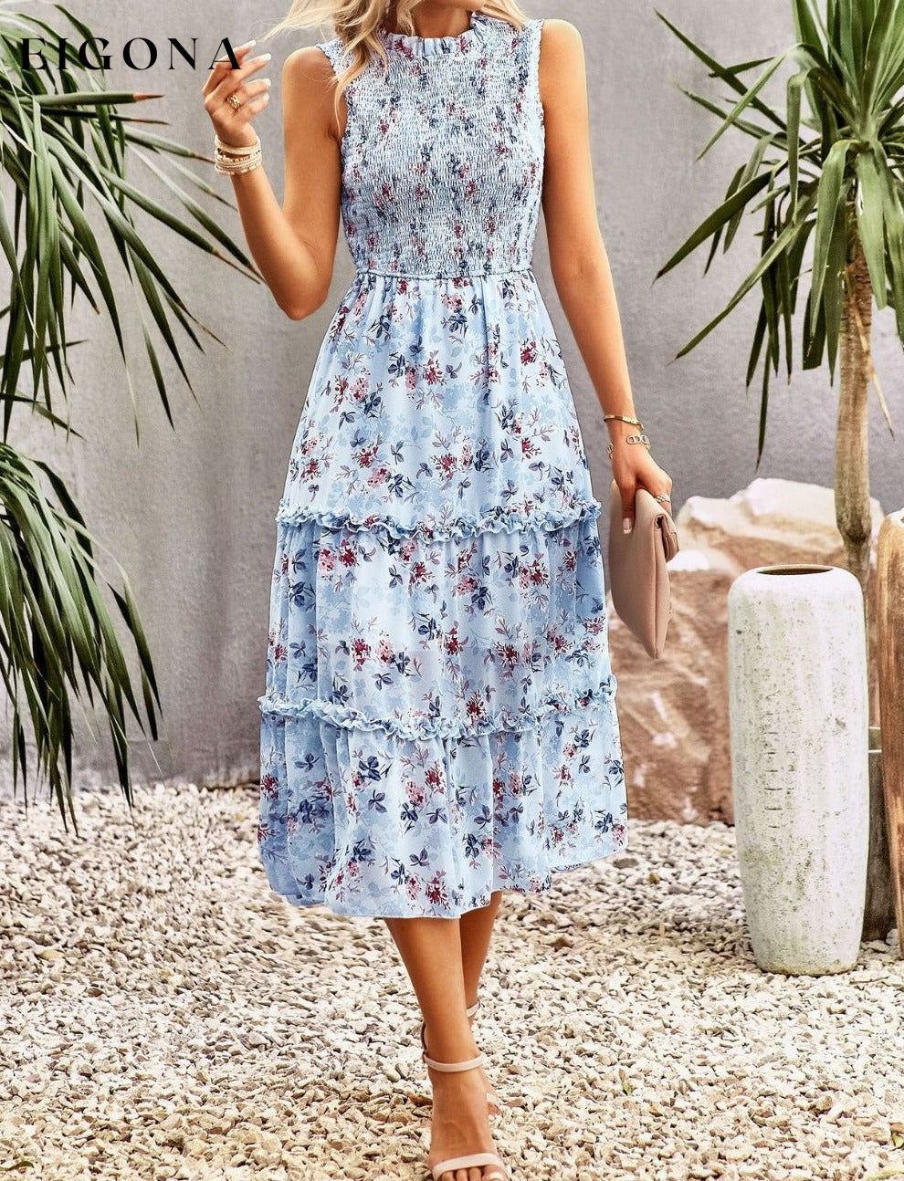 Frill Trim Smocked Sleeveless Floral Midi Dress casual dress casual dresses clothes dress dresses DY midi dress Ship From Overseas short sleeve dress short sleeve dresses