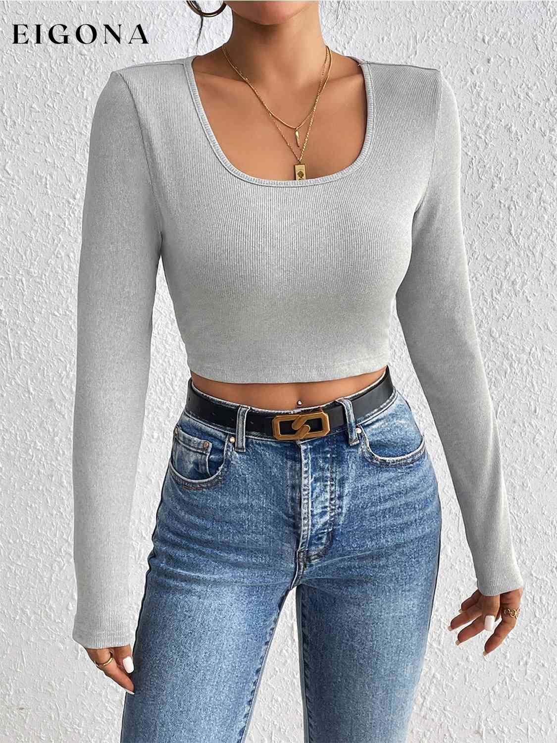 Scoop Neck Cropped Long Sleeve Blouse Cloudy Blue clothes HS Ship From Overseas