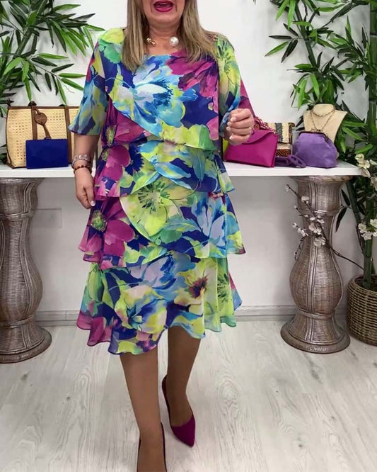 Floral print round neck ruffled half-sleeve dress casual dresses spring summer