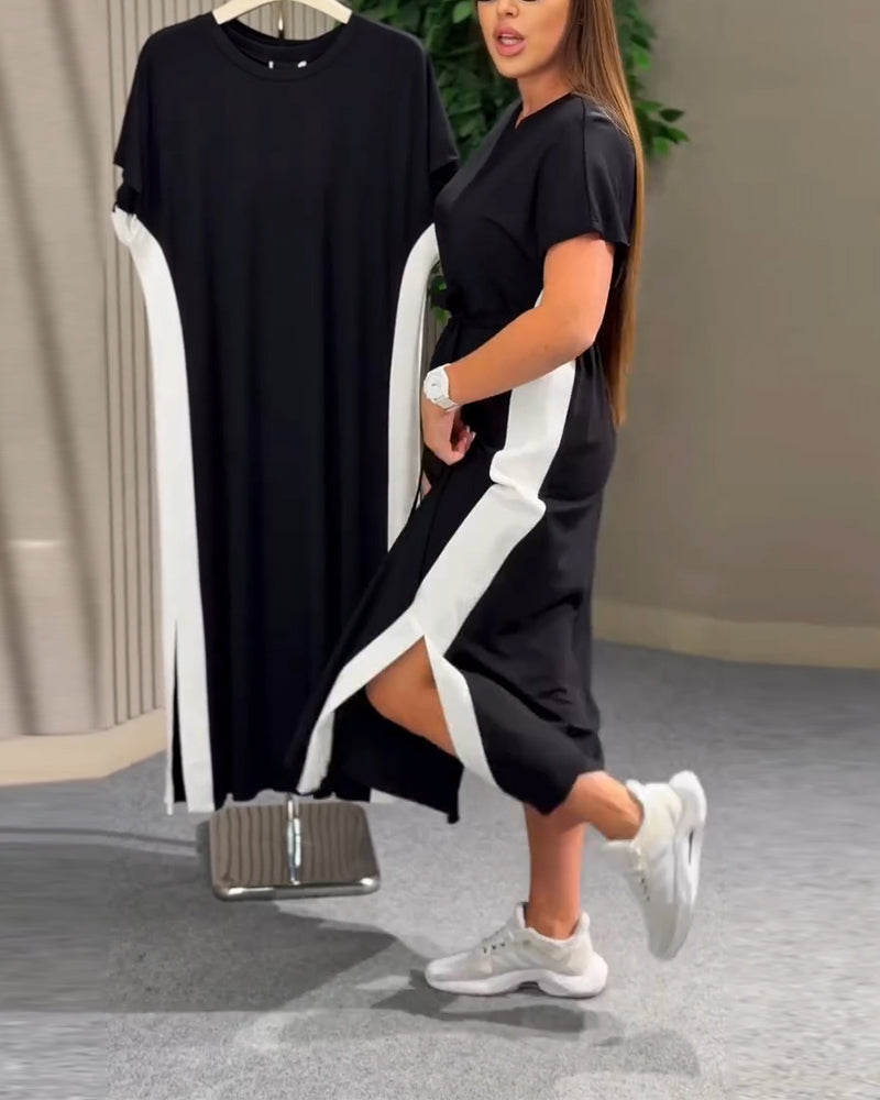 Round Neck Patchwork Short Sleeve Dress