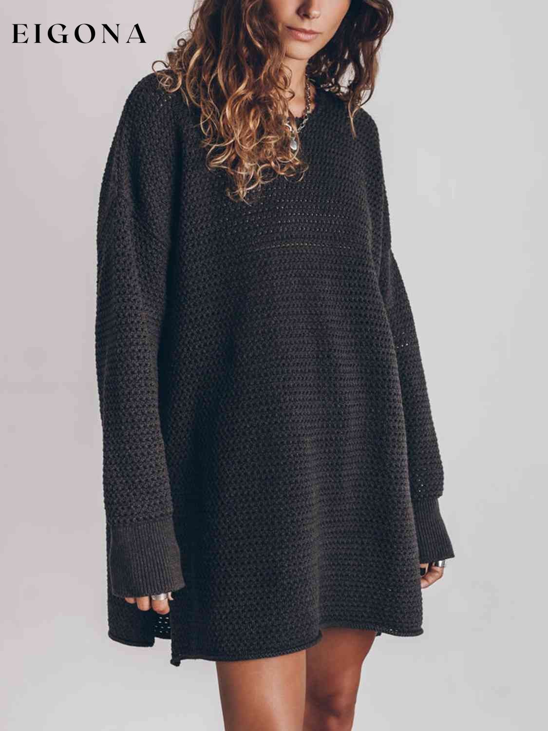 Openwork Round Neck Long Sleeve Slit Oversized Fashion Sweater A@Y@M clothes Ship From Overseas sweater sweaters Sweatshirt