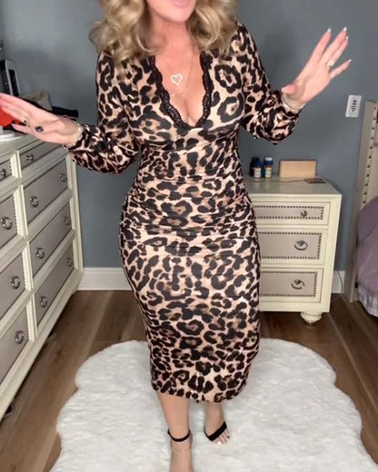 Sexy Leopard Lace V-Neck Dress