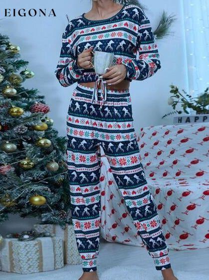 Printed Drawstring Top and Pants Christmas Pajama Set Christmas pajamas clothes lounge wear Romantichut Ship From Overseas