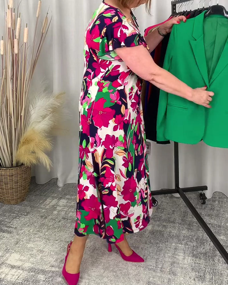 Kleid mit buntem Blumendruck und V-Ausschnitt