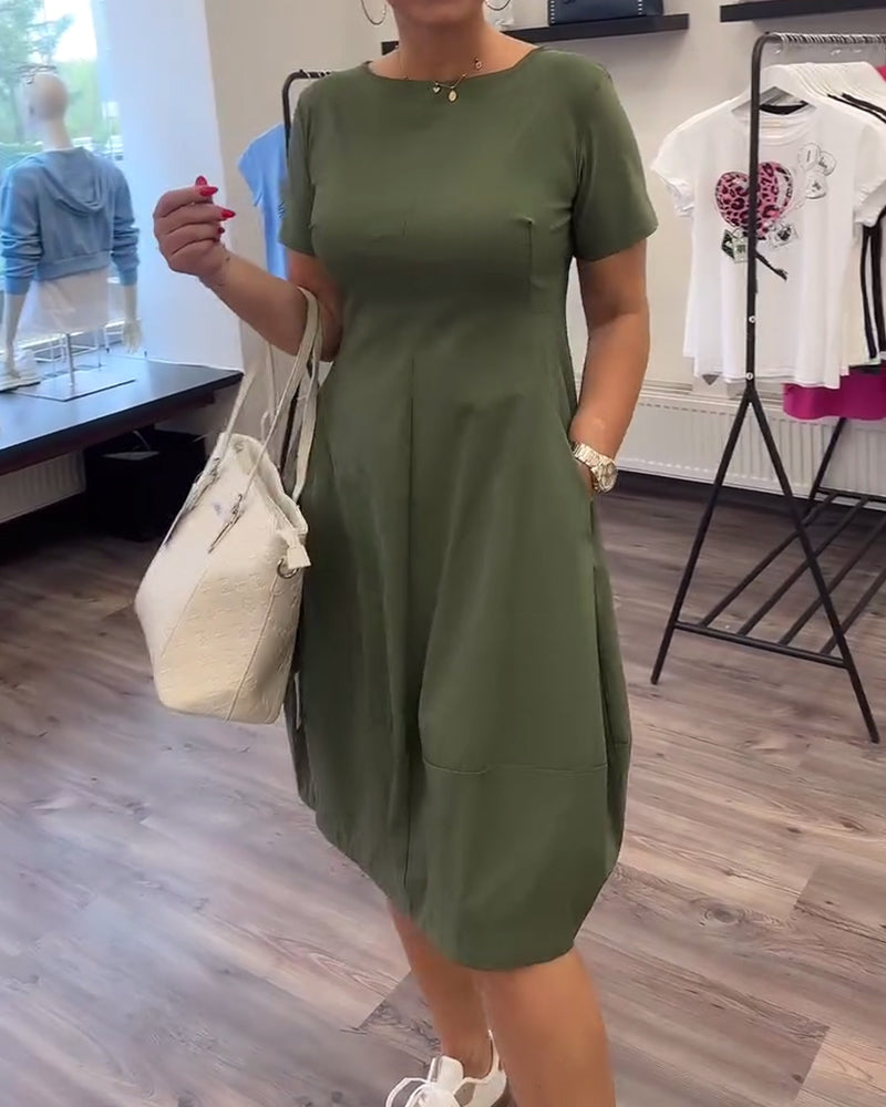 Round Neck Solid Color Waist Pocket Dress
