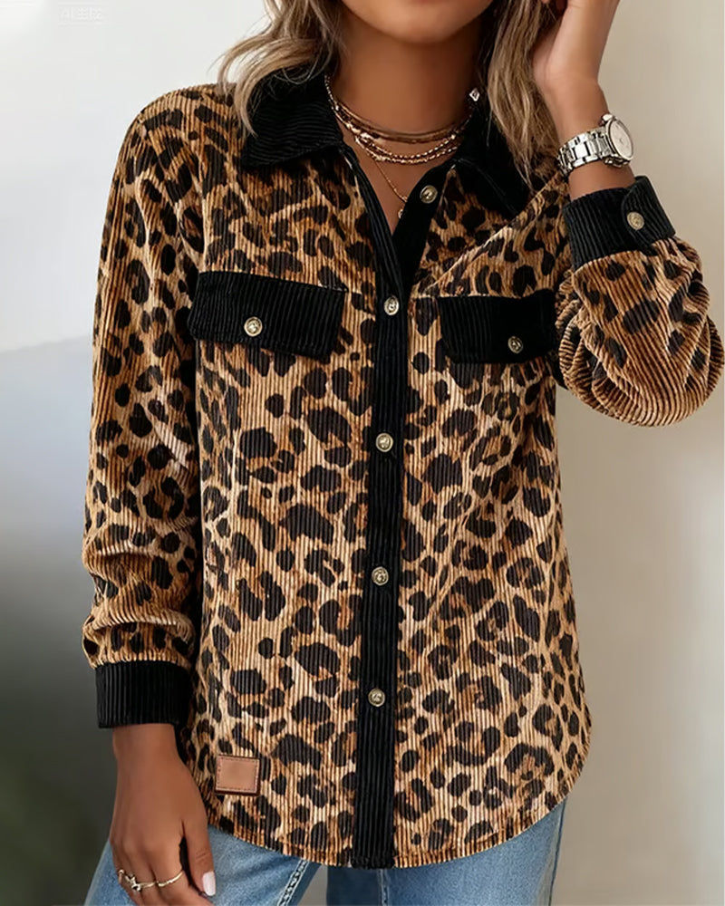 Lapel Leopard Print Corduroy Shirt