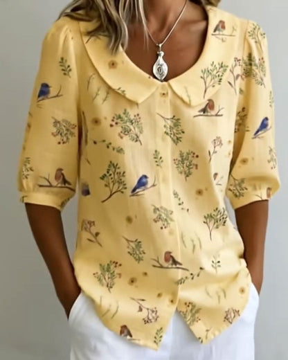 Bird Pattern Peter Pan Collar Shirt