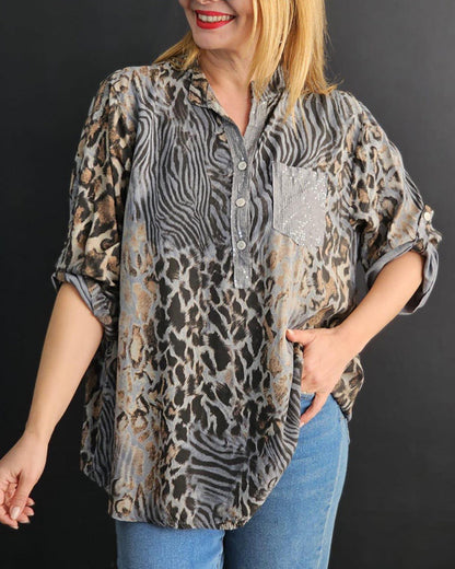 Leopard print pleated sleeve casual blouse blouses & shirts summer