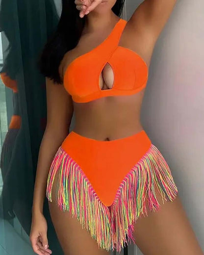 Women's Solid Color Tassel Trim Bikini Set