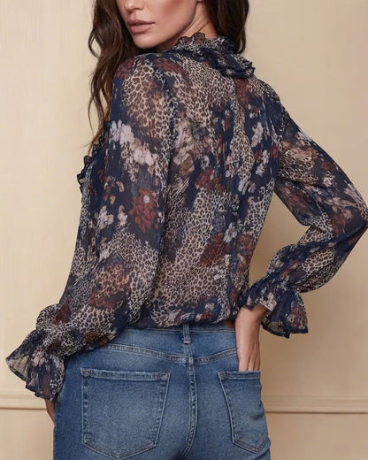 Casual Half-Zip Ruffle Leopard Print Blouse