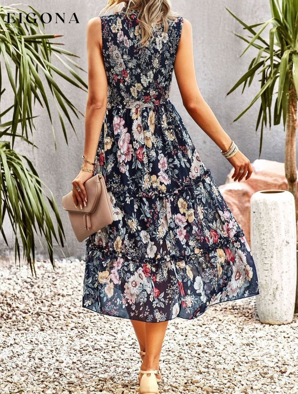 Frill Trim Smocked Sleeveless Floral Midi Dress casual dress casual dresses clothes dress dresses DY midi dress Ship From Overseas short sleeve dress short sleeve dresses