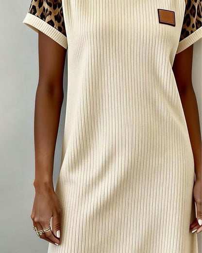 Round-Neck Leopard Print Color-Block Dress
