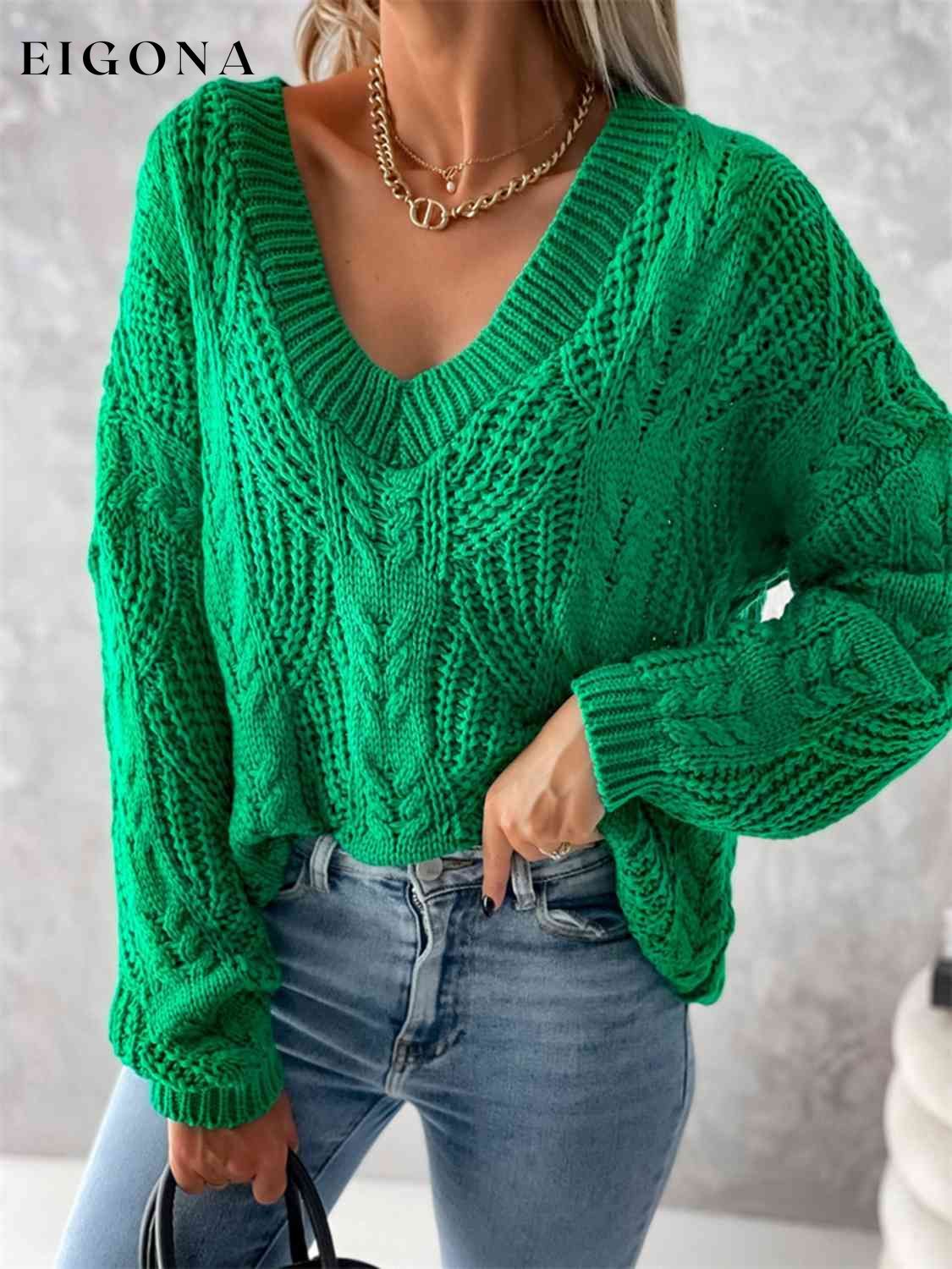 V-Neck Cable-Knit Long Sleeve Sweater Mid Green A@Y@M clothes Ship From Overseas