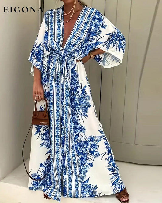 Floral print deep V slit fashionable long dress casual dresses spring summer vacation dresses