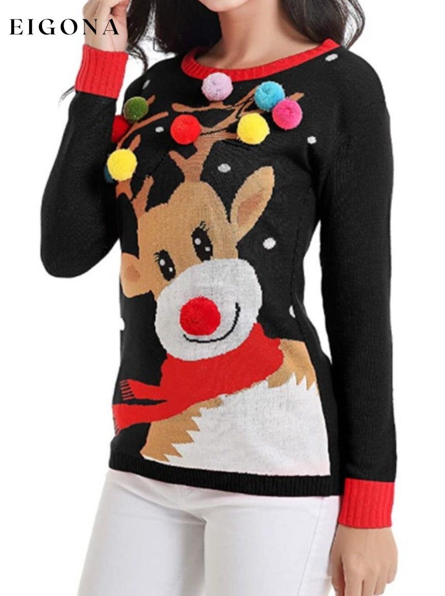 Rudolph Pom-Pom Trim Christmas Sweater C.J@MZ christmas sweater clothes Ship From Overseas