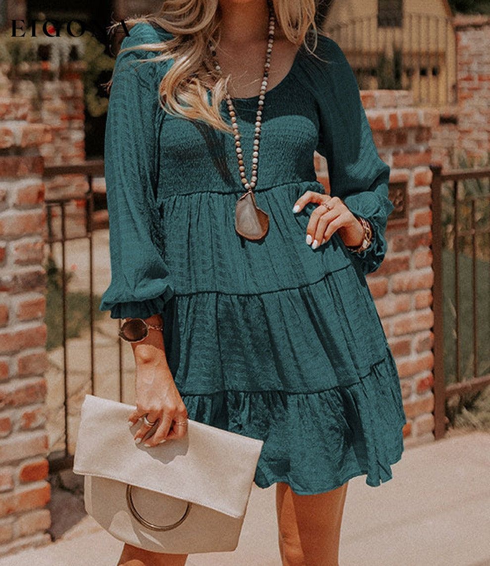 Mist Green Sleeve Smocked Tiered Casual Mini Dress All In Stock casual dress casual dresses clothes dress dresses EDM Monthly Recomend Hot picks long sleeve dress long sleeve dresses Occasion Daily Print Solid Color short dresses Silhouette A-Line Style Southern Belle
