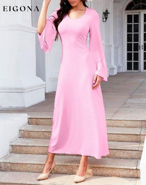 Tie Back Ribbed Round Neck Long Sleeve Dress casual dresses clothes dresses long sleeve dress long sleeve dresses maxi dress Ship From Overseas Y&M