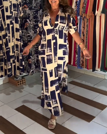 Lapel Slit Plaid Color Block Dress