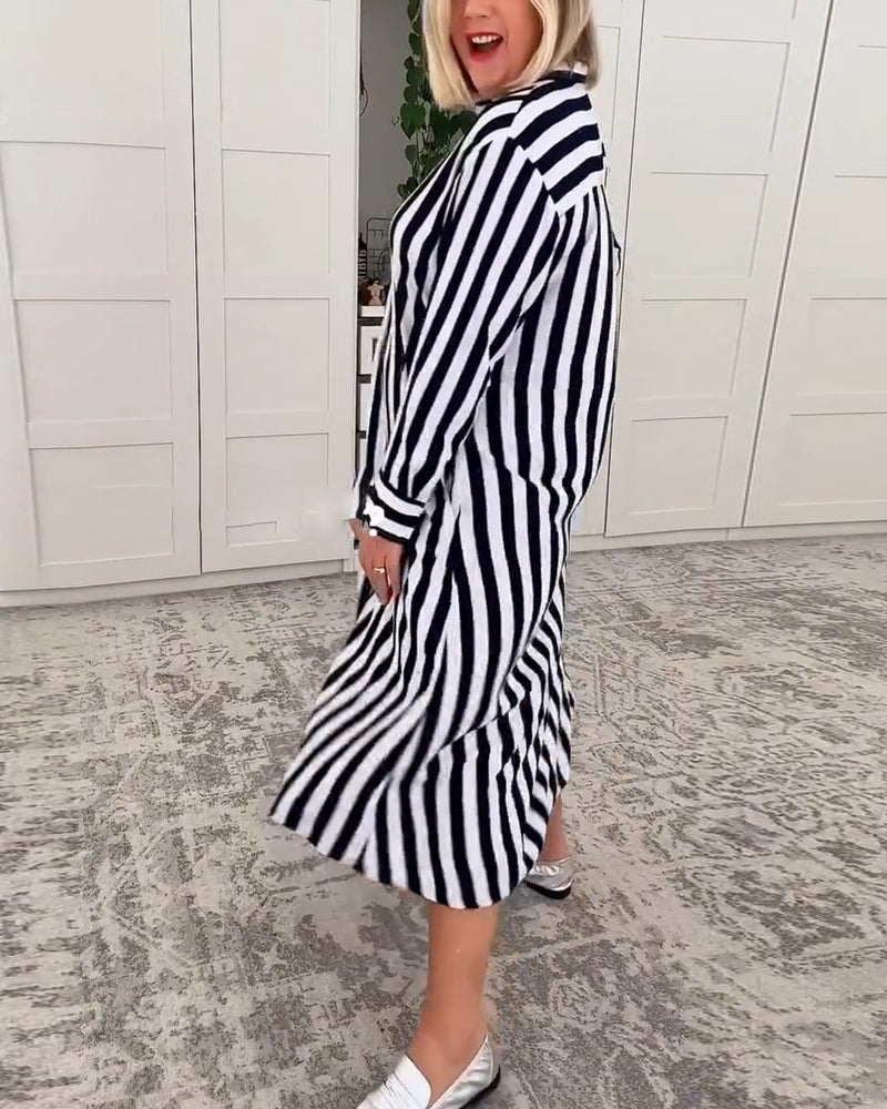 Lapel Striped Pocket Dress