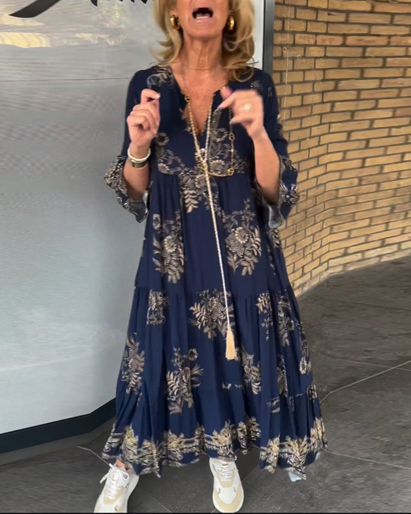 V-hals vintage løs kjole