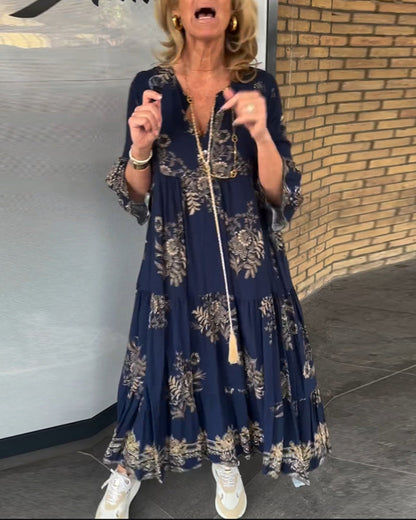 V-hals vintage løs kjole