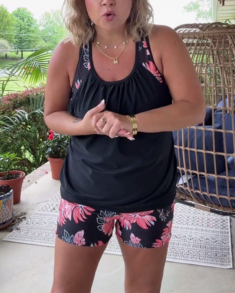 Ärmelloser zweiteiliger Badeanzug mit Kontrastdruck