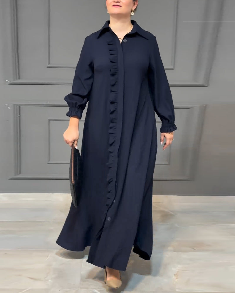 Balloon sleeve button ruffle shirt dress 2024 f/w casual dresses